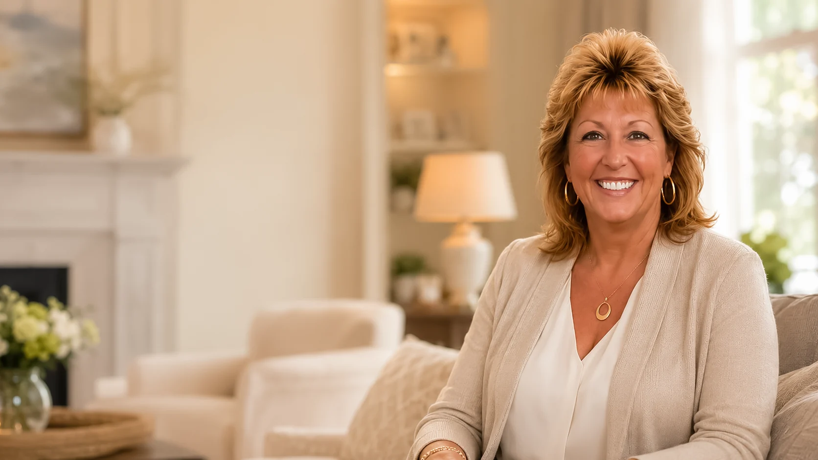Tracy Dawson sitting in a warm living room
